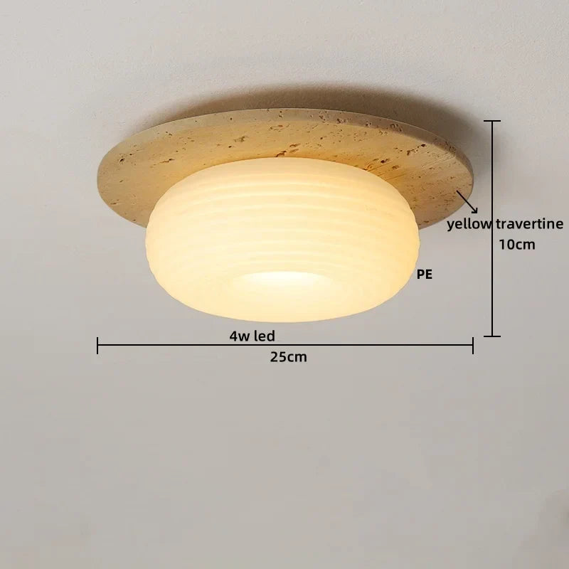 Yellow Travertine LED Ceiling Light Fixture for Living Room Dining Cafe White PE Lampshade