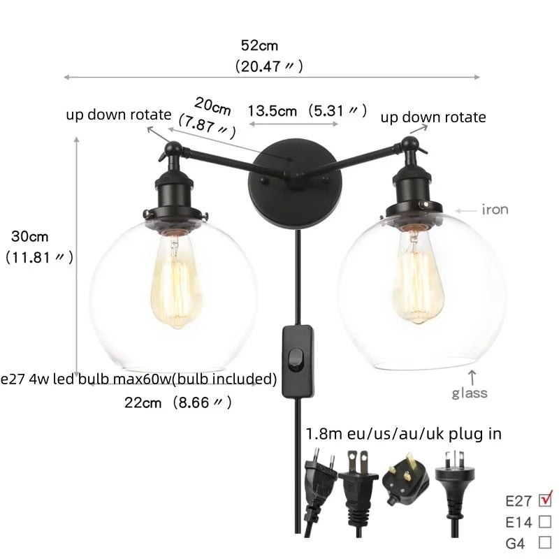 Black LED Wall Sconce 2-Head Lamp for Bedroom Bathroom Mirror