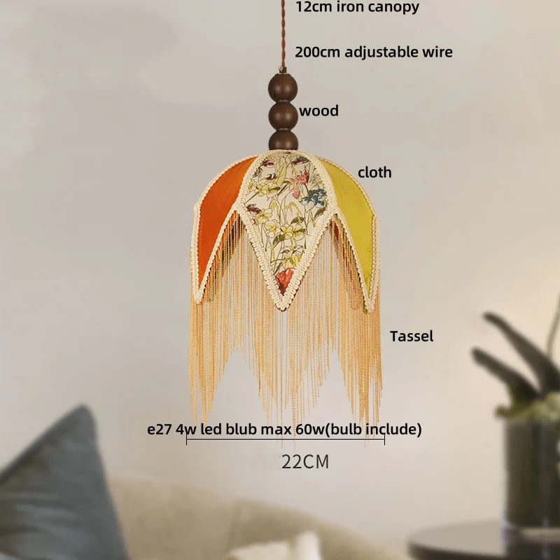 Afralia™ Vintage LED Pendant Lights Iron Tassel Wood Ball Hanging Lamp