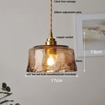 Amber Glass LED Pendant Light Fixture, Vintage E27 Copper Hanging Lamp