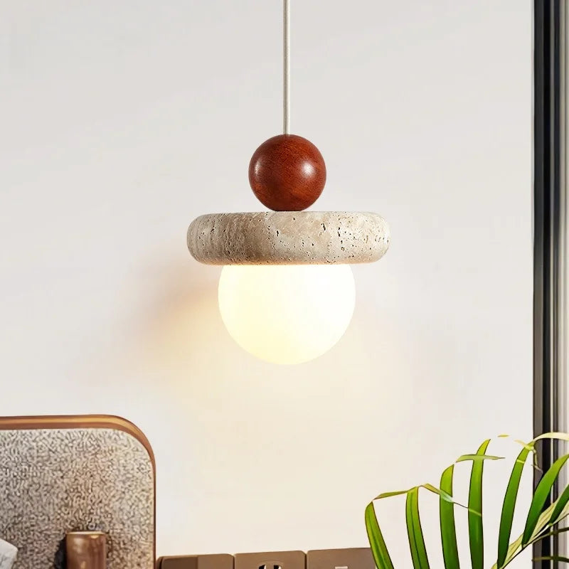 Nordic LED Wood Pendant Light Yellow Travertine Interior Lighting