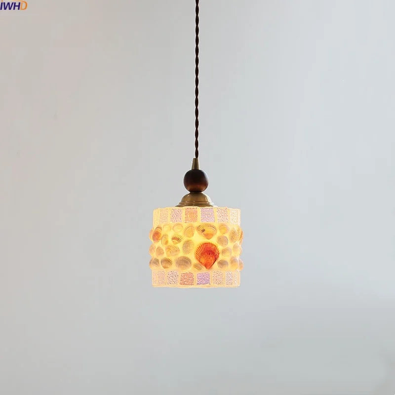 Glass LED Pendant Lights Walnut Wood Adjustable Hanging Lamp