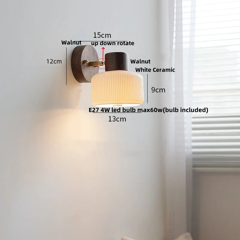 Walnut Wood LED Wall Sconce, Nordic Modern Bathroom Mirror Light, White Ceramic Rotate