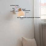 Afralia™ White Ceramic LED Wall Light with Pull Chain Switch and Wood Base