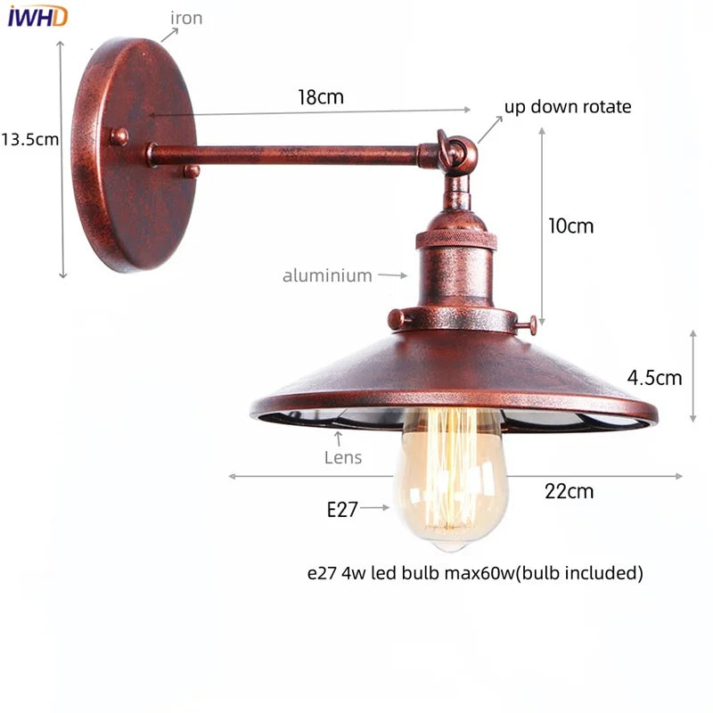 Afralia™ Vintage LED Wall Lights Pull Chain Lens Stair Aisle Bedside Lamp Iron Lightings