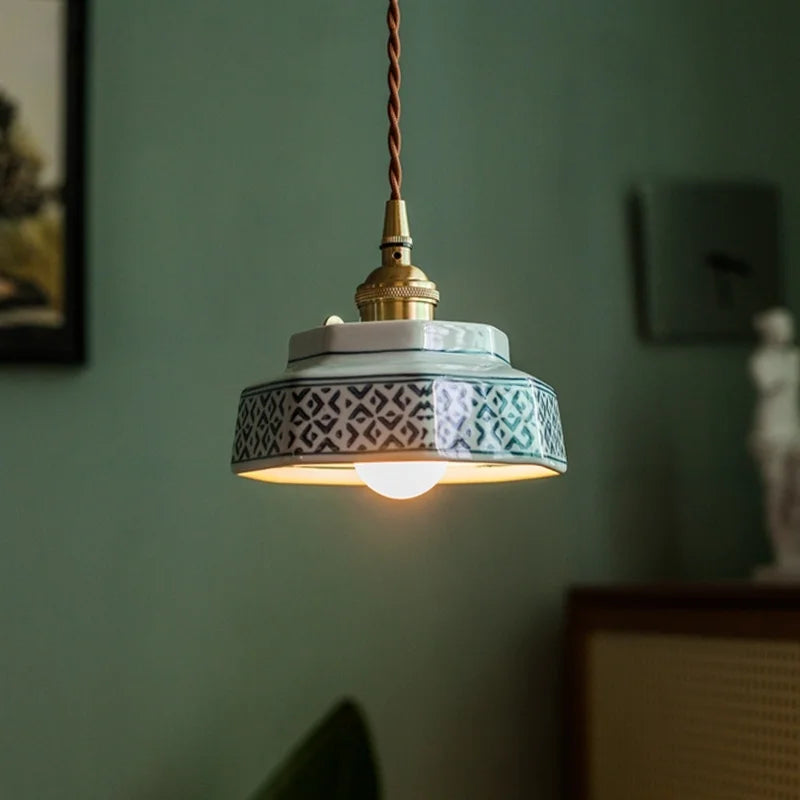 Ceramic LED Pendant Light Japanese Copper Hanging Lamp - Vintage Style