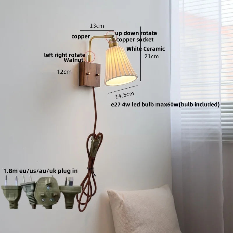 Nordic LED Wall Lights Pull Chain Switch Bedside Lamp Walnut Ash Glass Copper