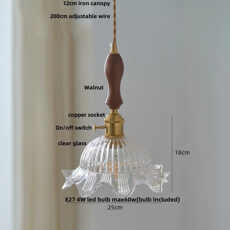 Afralia™ Modern Walnut Wood LED Pendant Lights with Glass Flower Shade