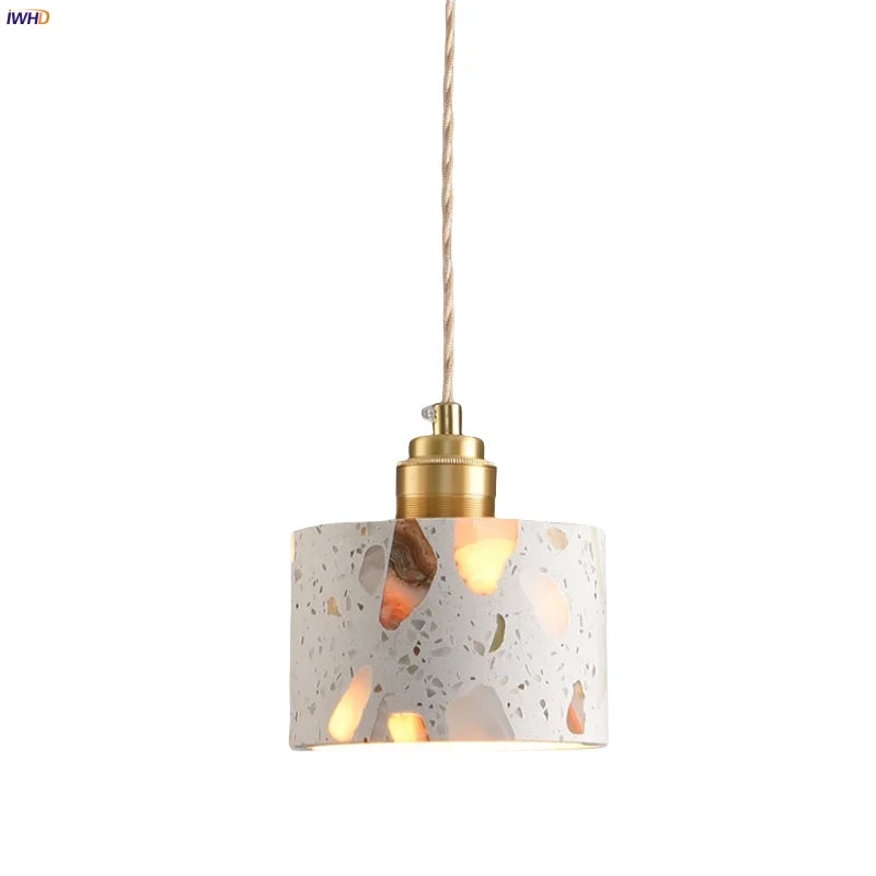 Afralia™ White Terrazzo Stone Copper LED Pendant Light Fixture - Wabi Sabi Design