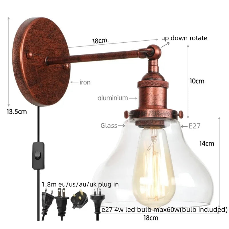 Red Bronze LED Wall Lamp with Pull Chain Switch and Clear Glass