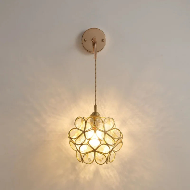 Pink Flower Glass LED Wall Light: Copper Nordic Modern Bedroom Lamp