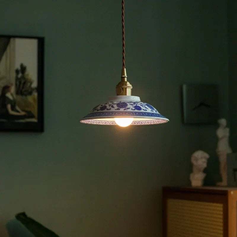 Patterned Ceramics LED Pendant Lights Vintage Copper Hanging Lamp