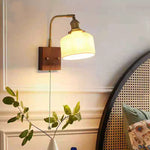 Ceramic LED Wall Sconce with Walnut Wood Pull Chain Switch - Nordic Style