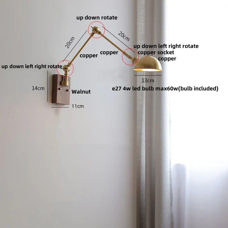 Walnut Copper Swing Arm LED Wall Light Fixture for Nodic Home Decor