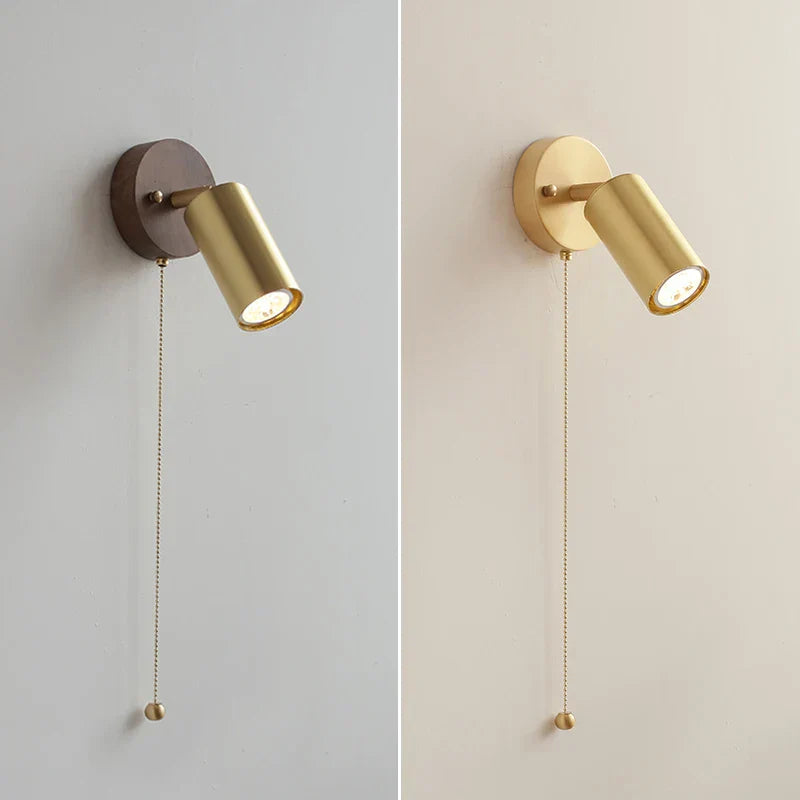 Copper Lampshade LED Wall Sconce Pull Chain Switch Nordic Modern Walnut Wood Mirror Light