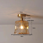 Nordic LED Ceiling Light Amber Glass Wood Brass Flush Mount Lamp