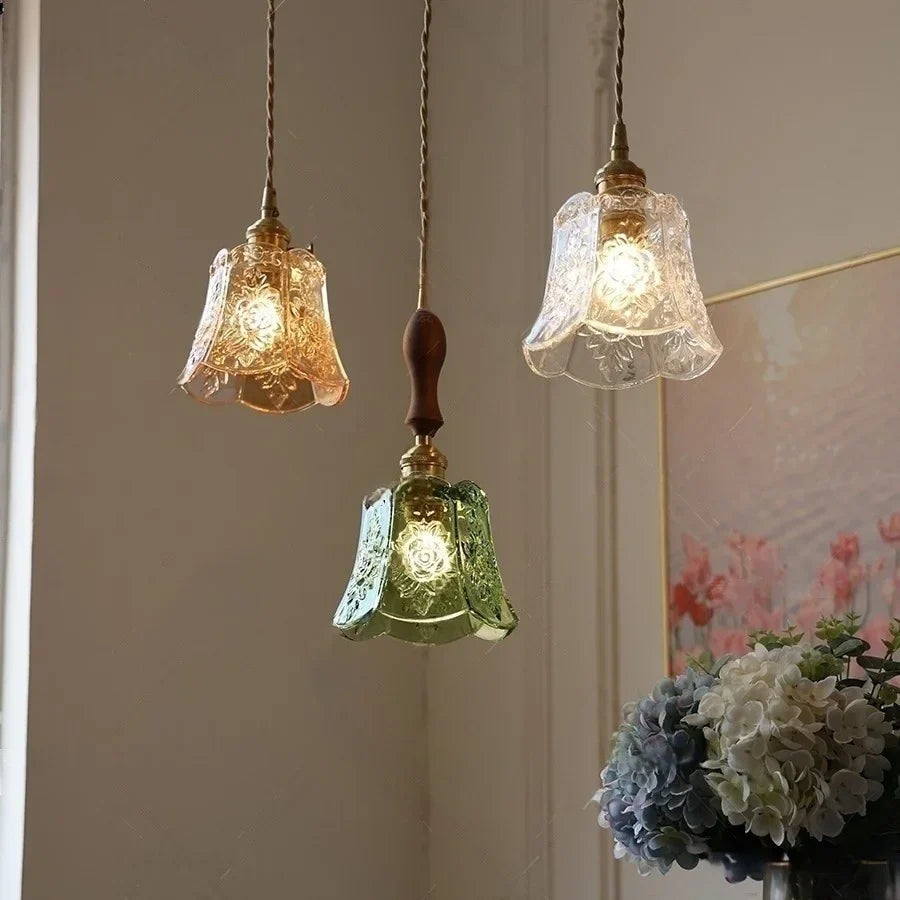 Afralia™ Green Glass LED Pendant Lamp | Modern Nordic Wood Walnut | Brass Knob Switch | Hanging Light