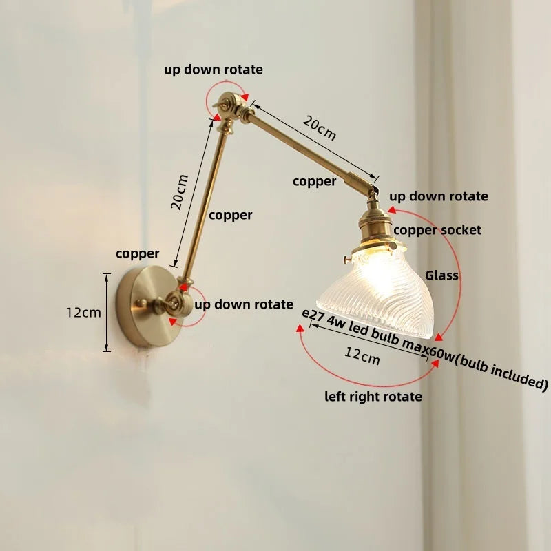 Brass LED Wall Light Fixture Rotatable Glass Stair Lamp