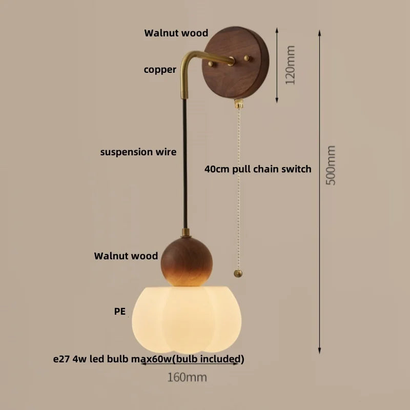 Walnut Wood LED Wall Sconce with Pull Chain Switch for Home Lighting