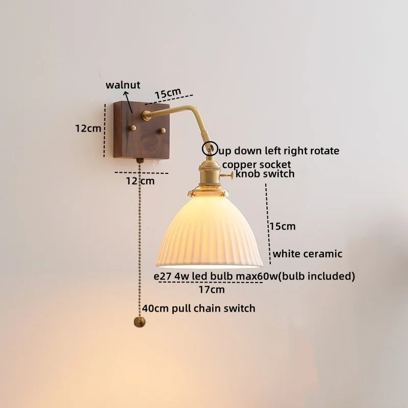 Walnut Copper LED Wall Lights Fixture with Pull Chain Switch - Modern Bedside Lamp