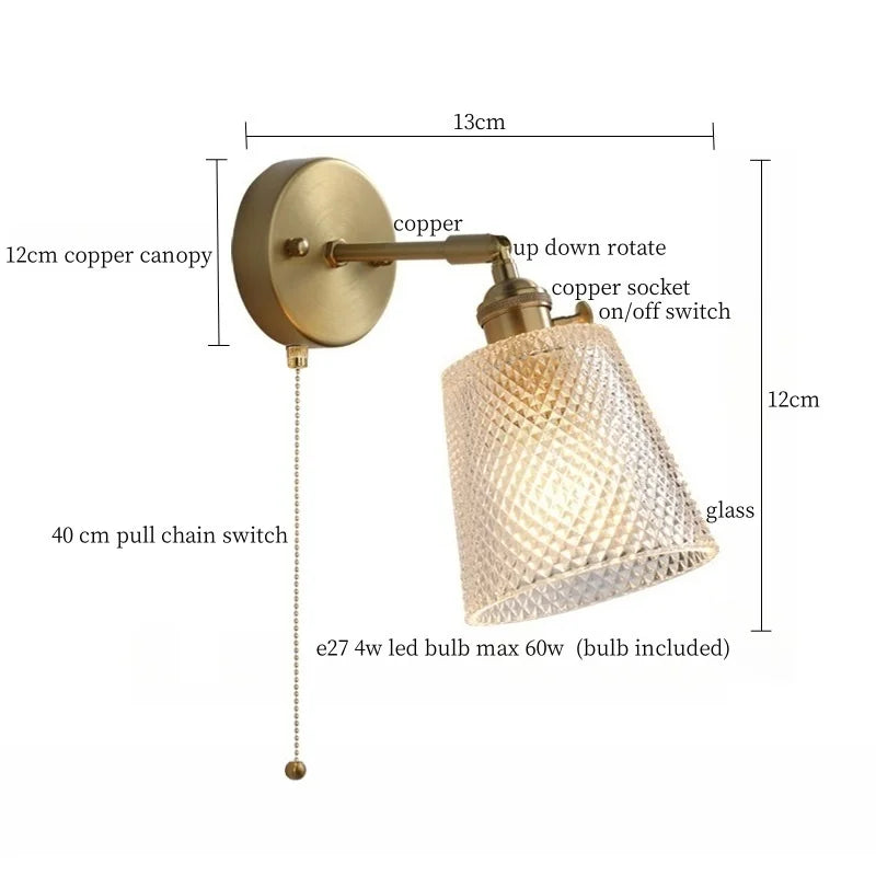 Clear Brass Glass LED Wall Lamp Pull Chain for Living Room Bedroom Loft