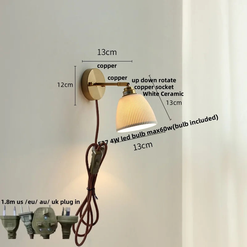 Nordic Ceramic LED Wall Light with Pull Chain Switch - Modern, Simple, Rotating
