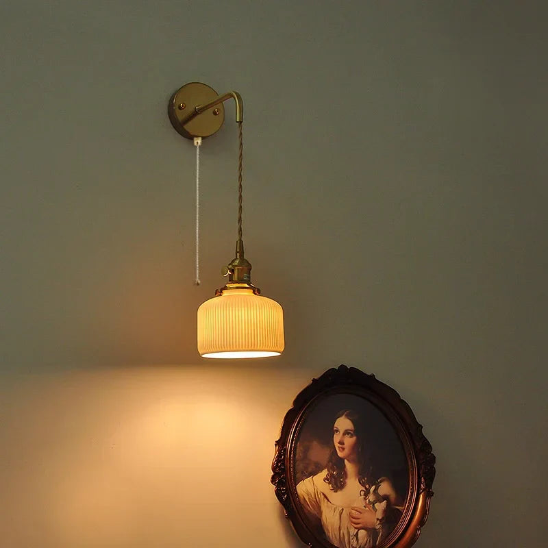 Ceramic Copper Wall Light Fixture with Pull Chain Switch, E27 LED, Modern Nordic Design