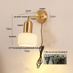 Ceramic LED Wall Sconce with Walnut Wood Pull Chain Switch - Nordic Style