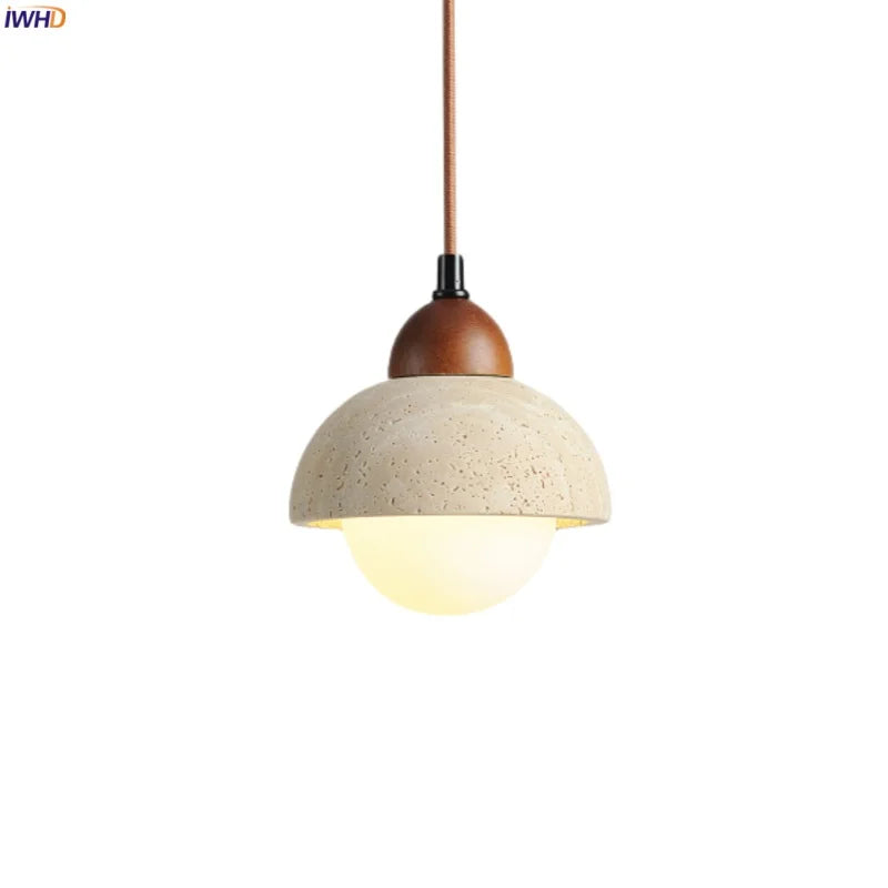 Vintage Stone LED Hanging Lamp Wood Yellow Travertine Pendant Lighting