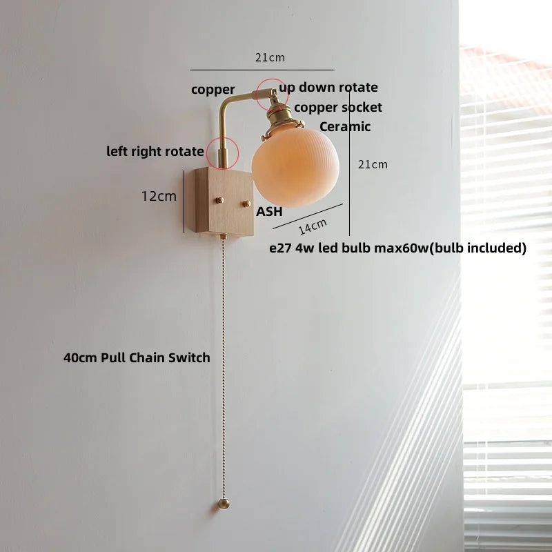 Afralia™ Globe Ceramic Walnut Wood Wall Light with Pull Chain Switch and Rotatable Design
