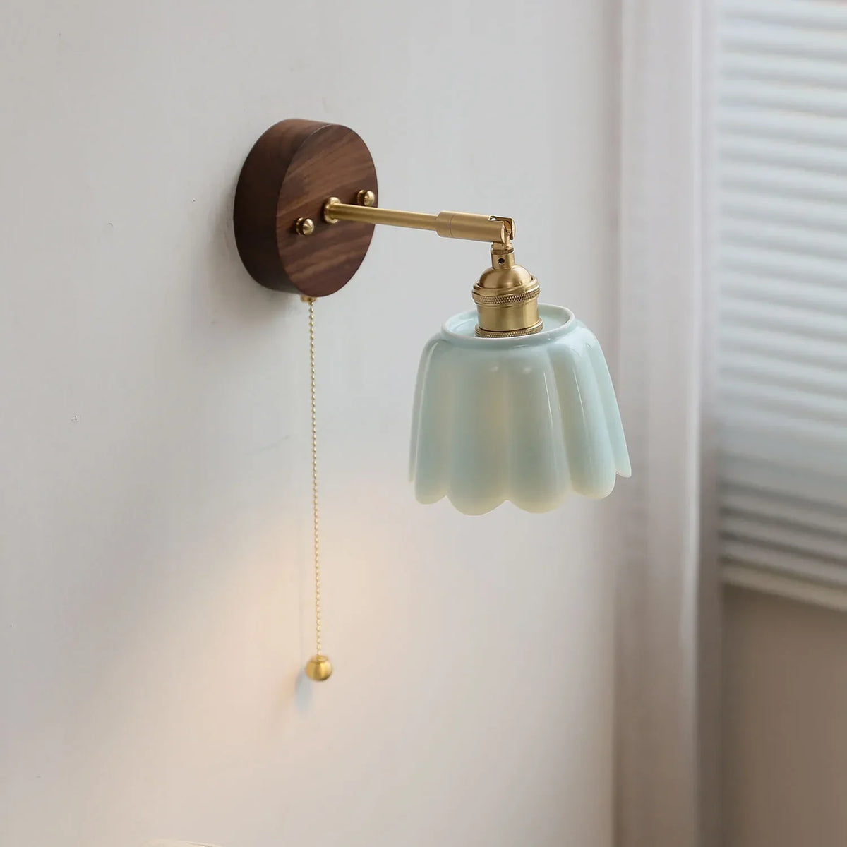 White Flower Ceramic LED Wall Sconce with Wood Base and Copper Rotate