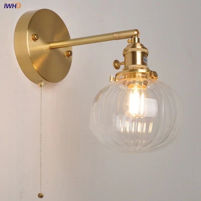 Nordic LED Glass Wall Light Fixture with Pull Chain Switch - Modern Rotating Bedside Lamp