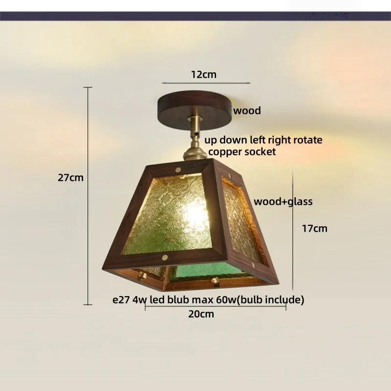 Vintage LED Ceiling Light Fixture Retro Flower Glass Copper Rotate Lamp