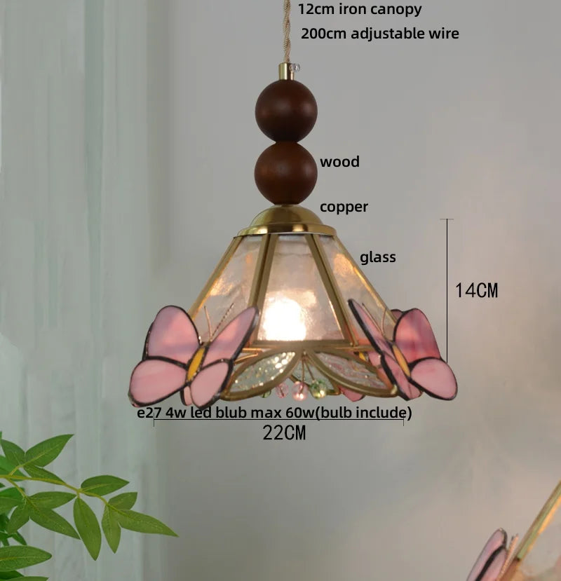 Pink Butterfly LED Pendant Light Fixture Tiffany Glass Wood Ball Hang Lamp