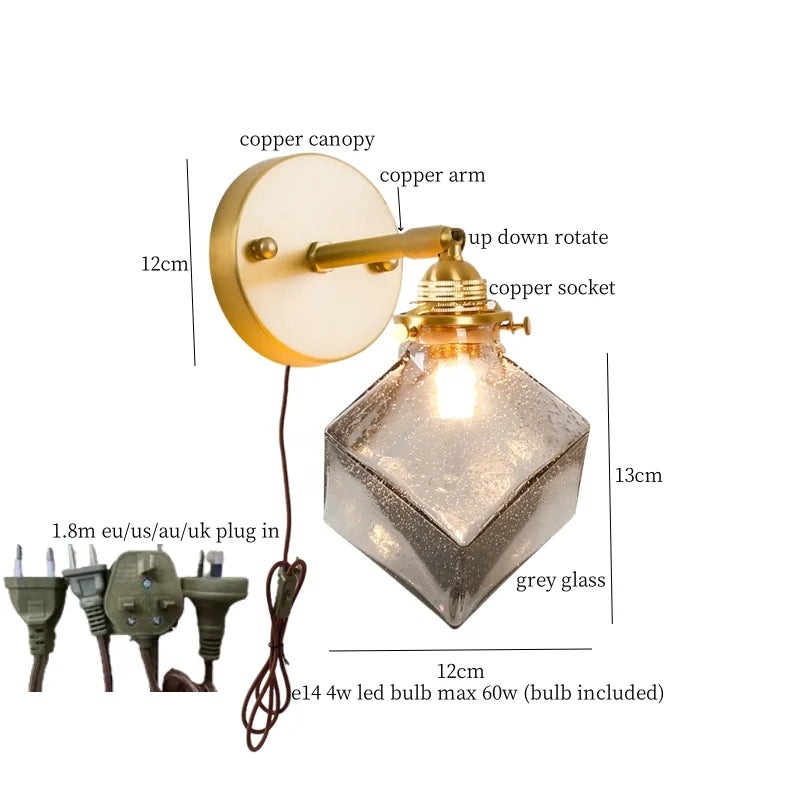 Afralia™ Grey Glass LED Wall Lamp Bedroom Living Room Loft Modern Copper Wandlamp
