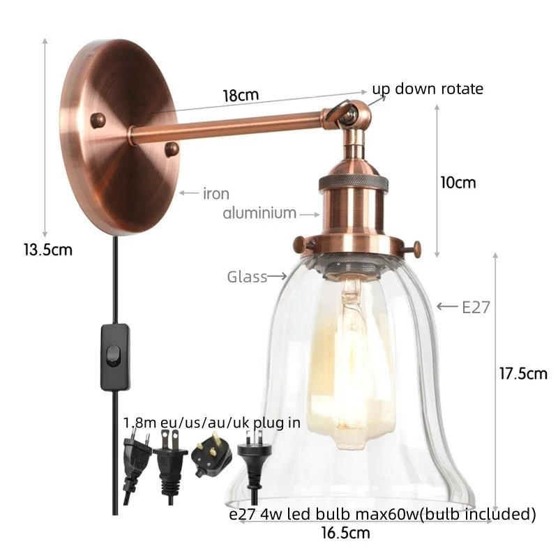 Industrial Clear Glass Wall Sconce Light for Stair, Foyer, Bedroom.
