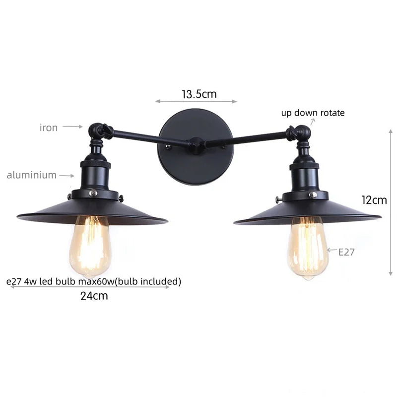 Vintage LED Wall Lamp with Pull Chain Switch, 2 Heads Industrial Sconce