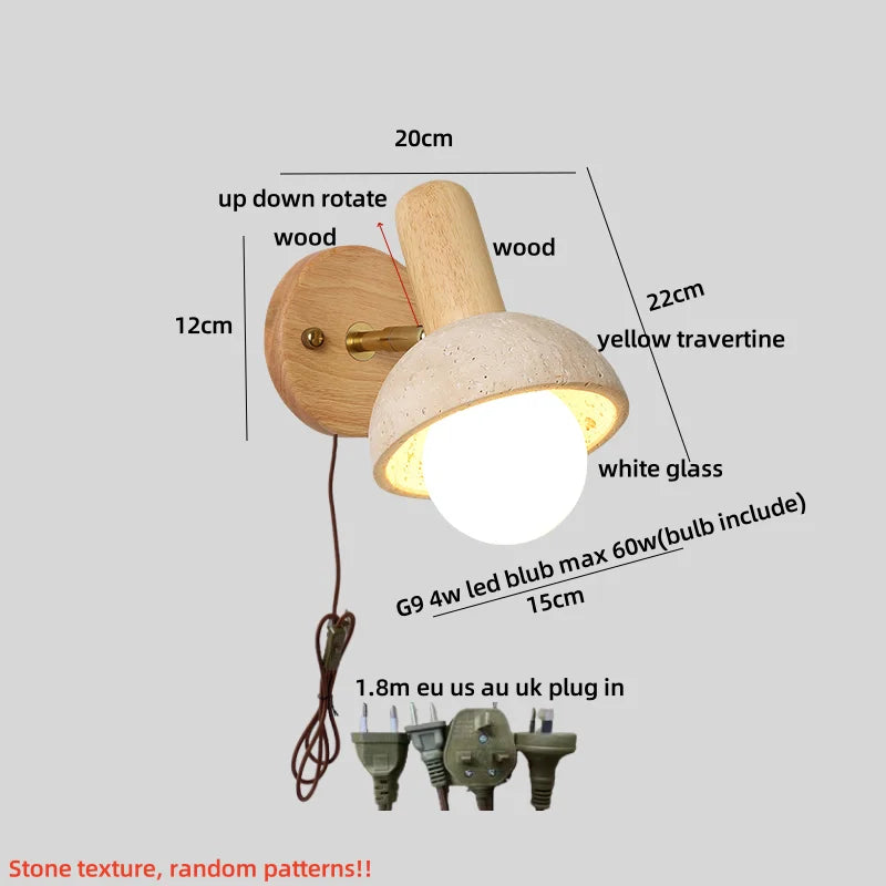 Yellow Travertine Stone Natural Wood LED Wall Light Bedside Lamp