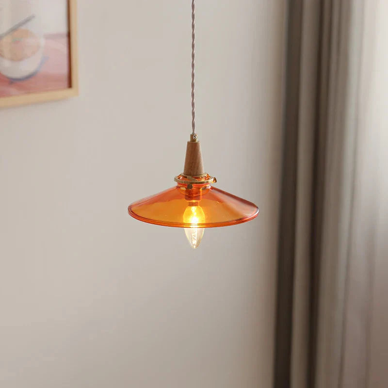 Wood Amber Glass LED Pendant Light Fixture - Nordic Modern Hanging Lamp