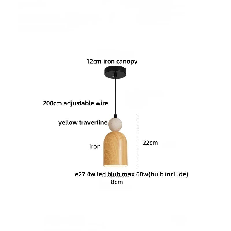 Yellow Iron LED Pendant Lamp Yellow Travertine Stone Ball in Wabi Sabi Style