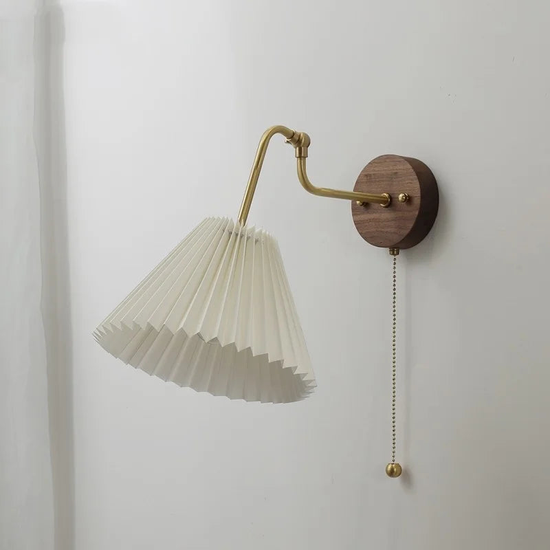 Rotating Copper LED Wall Light with Pull Chain Switch and Walnut Base
