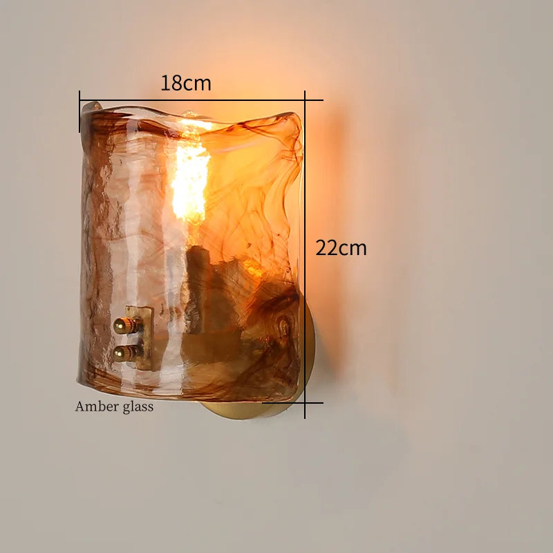 Amber Glass LED Wall Lamp for Bedroom Minimalistic Copper Lighting