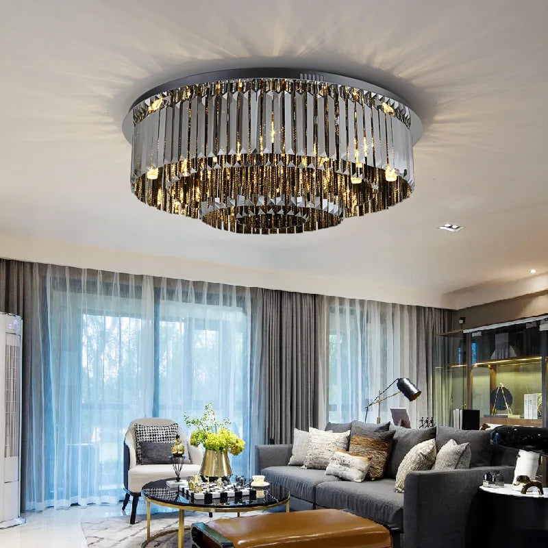 Smoky Grey Crystal Ceiling Light for Living Room Bedroom LED Ambiance