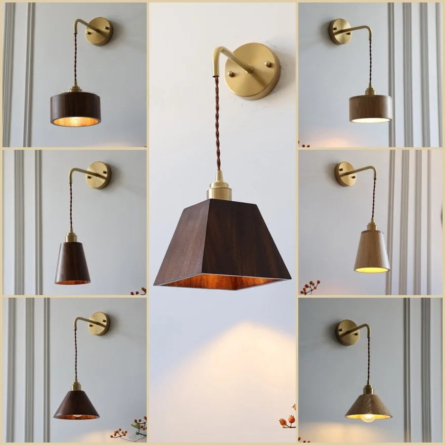 Wood LED Wall Lamp with Copper Socket & Pull Chain Switch - Adjustable Staircase Light