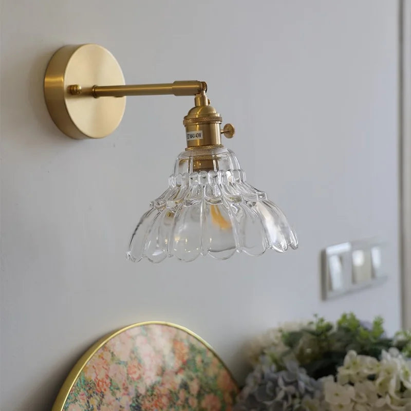Flower Glass Pull Chain Wall Sconce, Rotatable Copper LED Stair Light