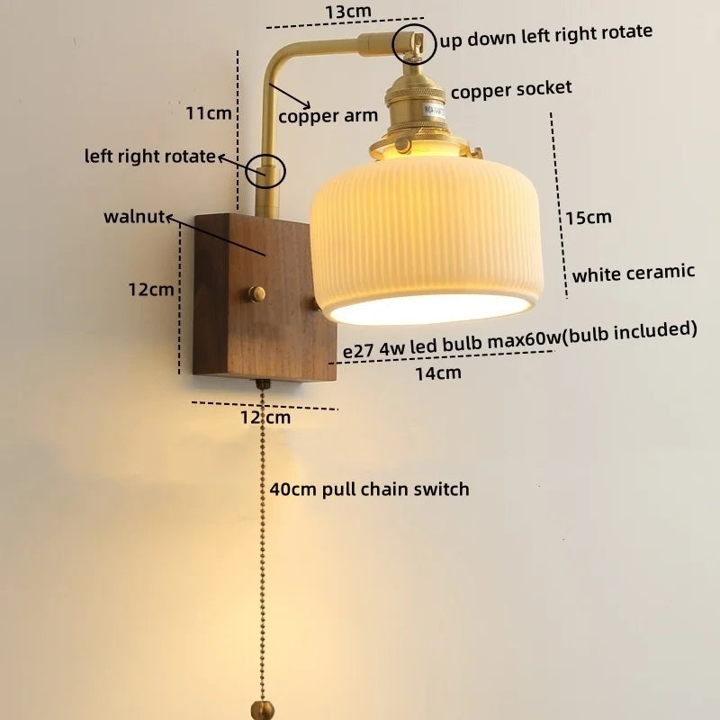 LED Ceramic Wall Sconce Pull Chain Switch Light Fixture