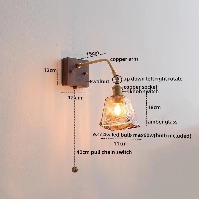 Walnut Copper LED Wall Lights Fixture with Pull Chain Switch - Modern Bedside Lamp