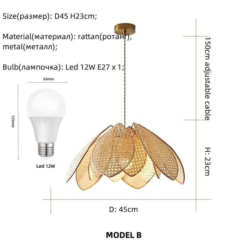 Rattan Petal Chandelier: Modern Nordic Wabi Sabi LED Pendant Light