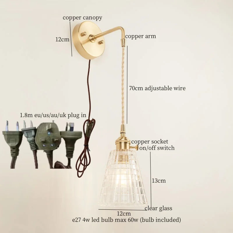 Afralia™ Striped Glass LED Wall Sconce Copper Arm Vintage Lampara Pared