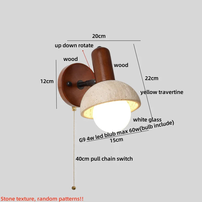 Yellow Travertine Stone Natural Wood LED Wall Light Bedside Lamp
